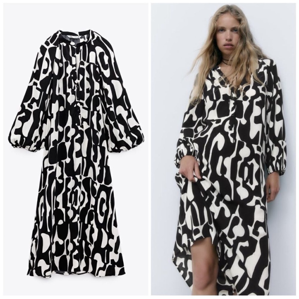 ZARA • Beautiful Abstract Design Black & White Patterned Midi Dress - Picture 3 of 16